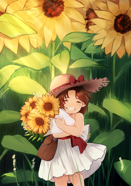 a picture of the final fantasy 14 lalafell Melili Meli, the user Milladee's character, smiling. she is dressed in a white sundress and a straw hat with a red ribbon, holding a bouquet of small sunflowers. she is standing in front of a backdrop of sunflower